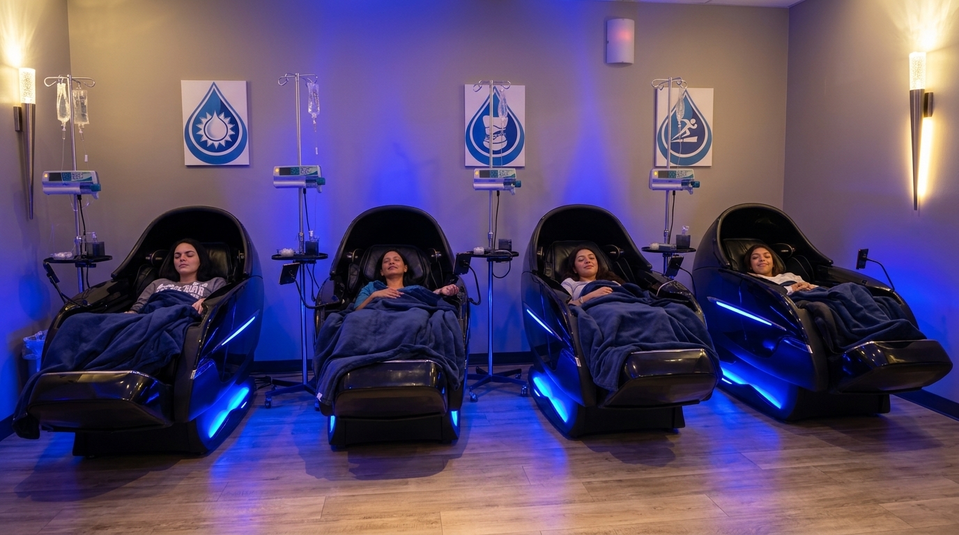 Guests relaxing in Prime IV's black lounge pods with calming blue lighting during their IV therapy sessions