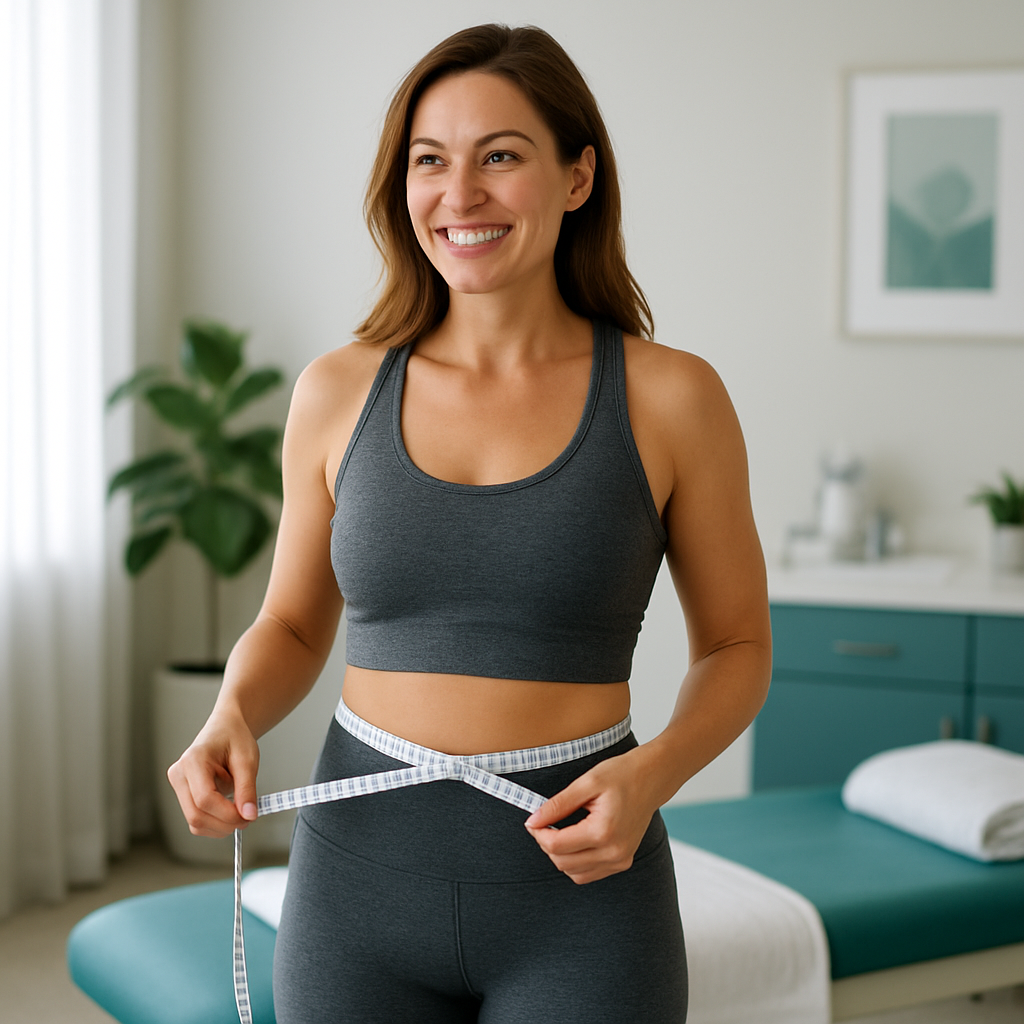 A healthy, happy client measuring her waist after a medical weight loss program at Prime IV Bluffton, SC